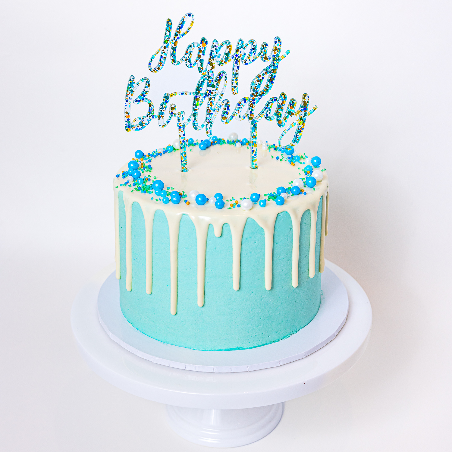 Aqua Glitter HAPPY BIRTHDAY Cake Topper